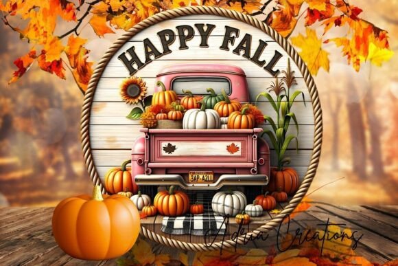 3D Happy Fall Pink Truck Sublimation Png Graphics and Crafts