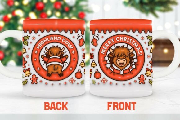 3D Highland Cow Xmas Both Side Mug Wrap Graphics and Crafts