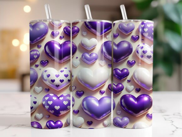 3D Purple Hearts Tumbler Wrap PNG Design: Graphics for Tumbler Wraps