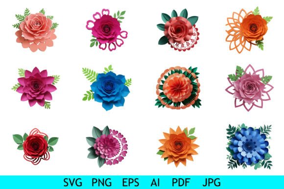 Colorful 3D Paper Flower Set for Graphics and Crafts