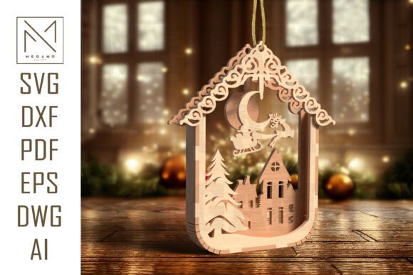 Santa Moon Flight Ornament SVG for Laser Cutting and Winter Amp